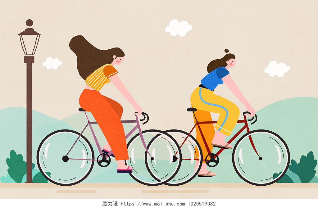 夏天骑行人物插画JPG卡通图扁平自行车插画自行车骑自行车